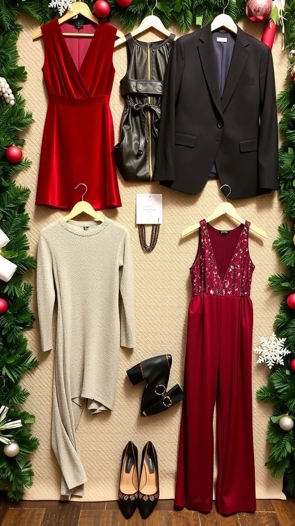 Elegant Christmas outfits including a red velvet dress, black suit, sweater dress, and jumpsuit displayed with holiday decor.